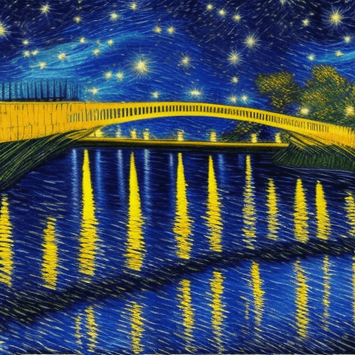 AI generated: an artwork of a bridge at the end of the night, van gogh, 8k, starry night, people, lights