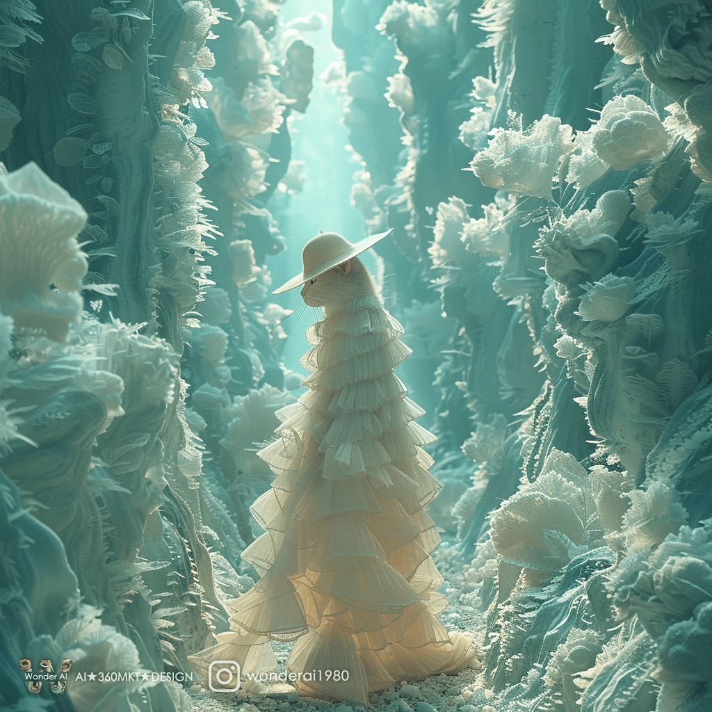 AI generated: anthropomorphic real adorable cat, dressed in fashionable clothes, walks into a fantastical architec...