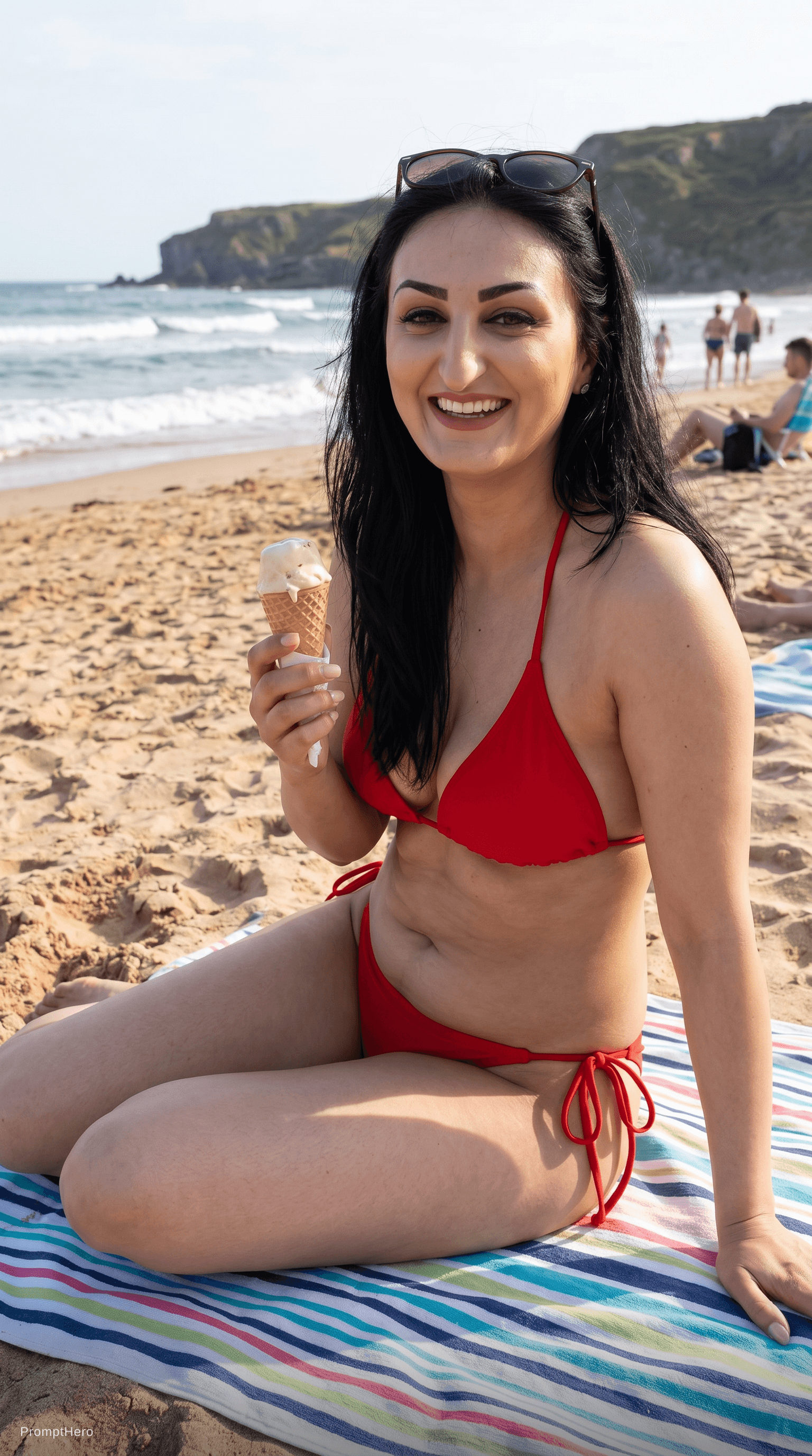 AI generated: {
  "subject": {
    "description": "the woman from the refrence picture. She has tan skin with a vi...