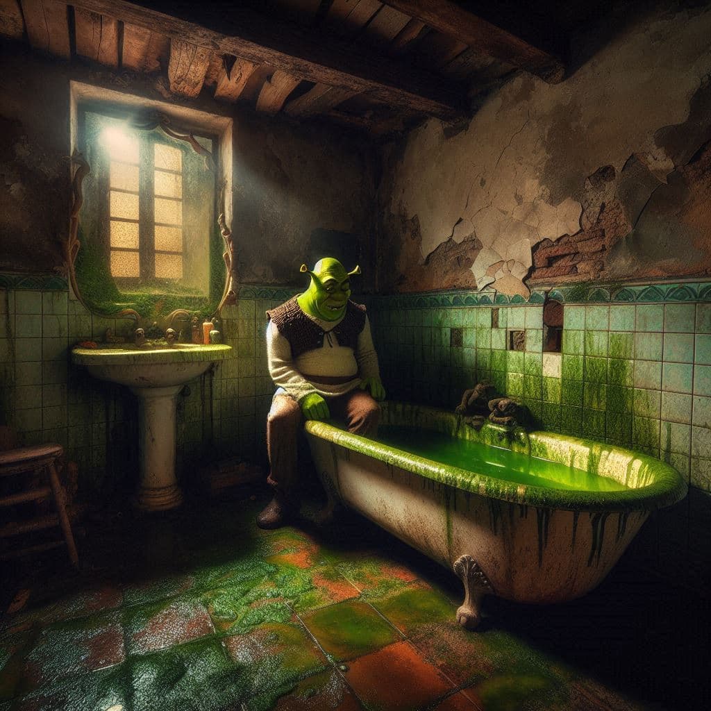 AI generated: En un baño antiguo y sucio de una casa abandonada, Shrek, cubierto de limo y con ojos inyectados en ...