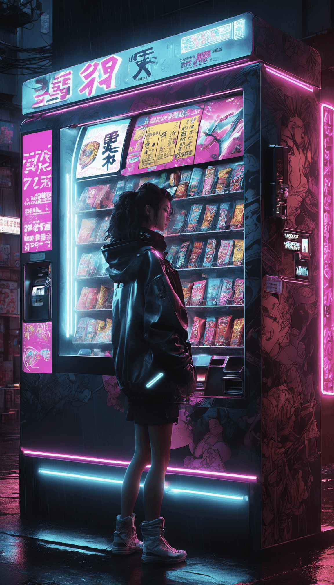 AI generated: girl of the future using a food vendor machine, futuristic design, electronic artwork, manga charact...