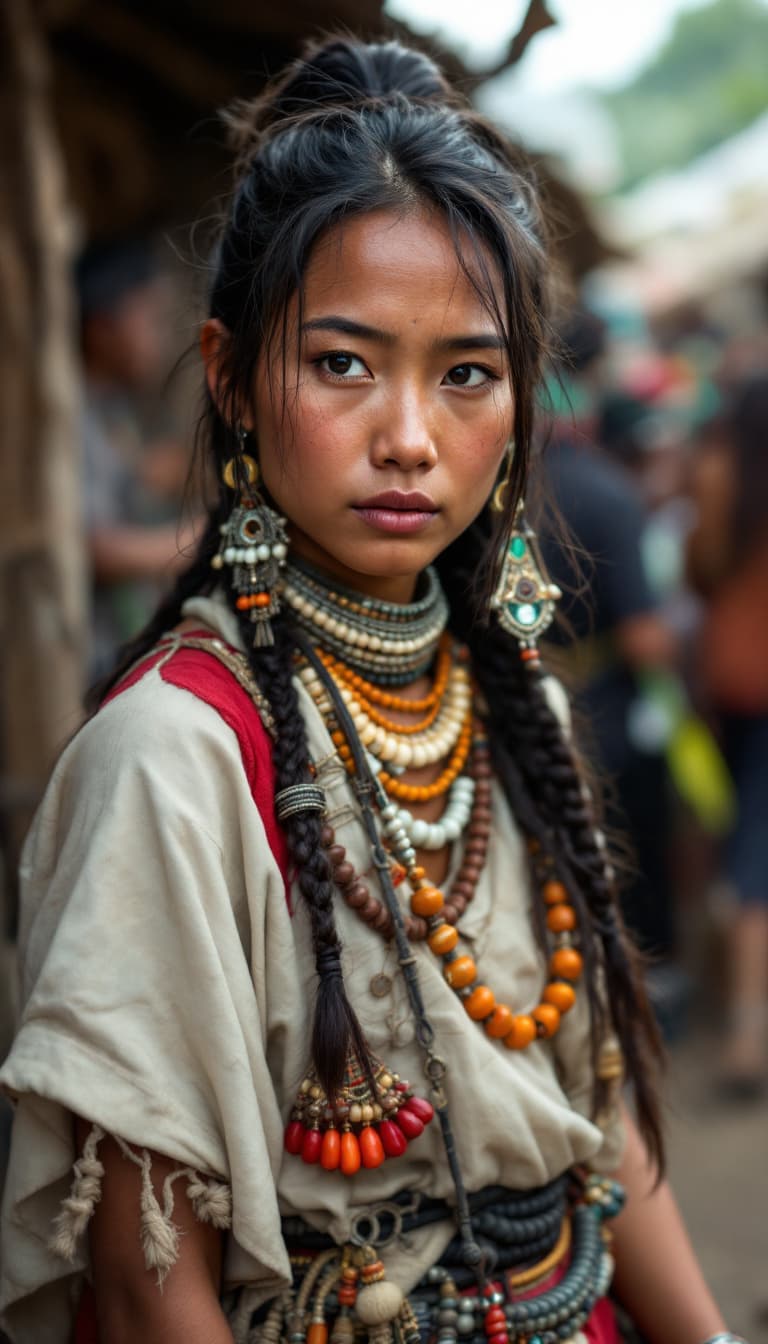 AI generated: High resolution photography of a female Kyowa Indian with typical jewelry and typical clothing in ty...