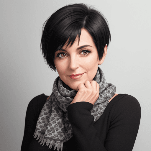 AI generated: A woman wearing a black top and a gray-toned patterned scarf is looking at the camera with her chin ...