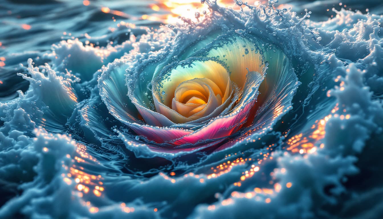 AI generated:  sea scape and giant rose   pattern shellfish  ocean wave with sea foam,  , crashing on the shore, i...