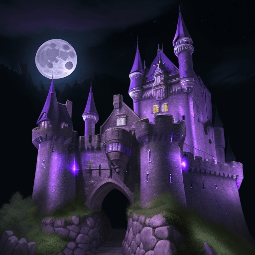 AI generated: Hyper realistic eye level exterior photo of a medieval castle. Nighttime with full moon. Uplighting ...