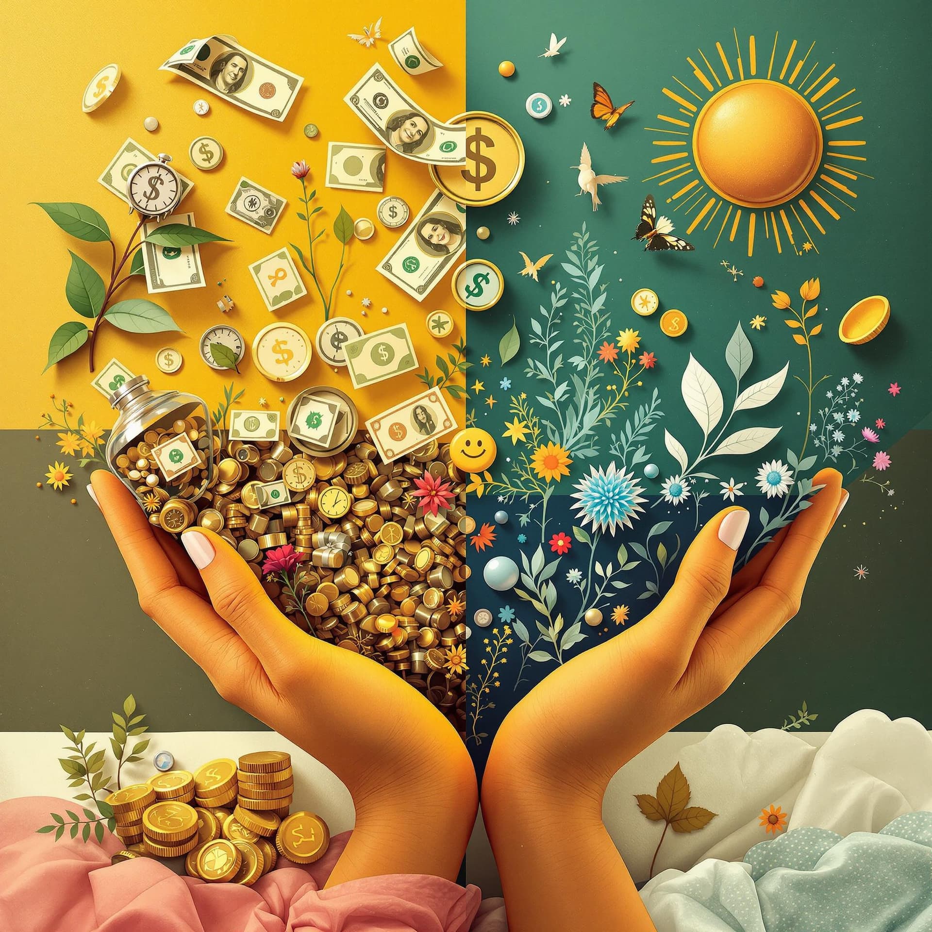 AI generated: Create an image that captures the complex relationship between money and happiness. The visual shoul...