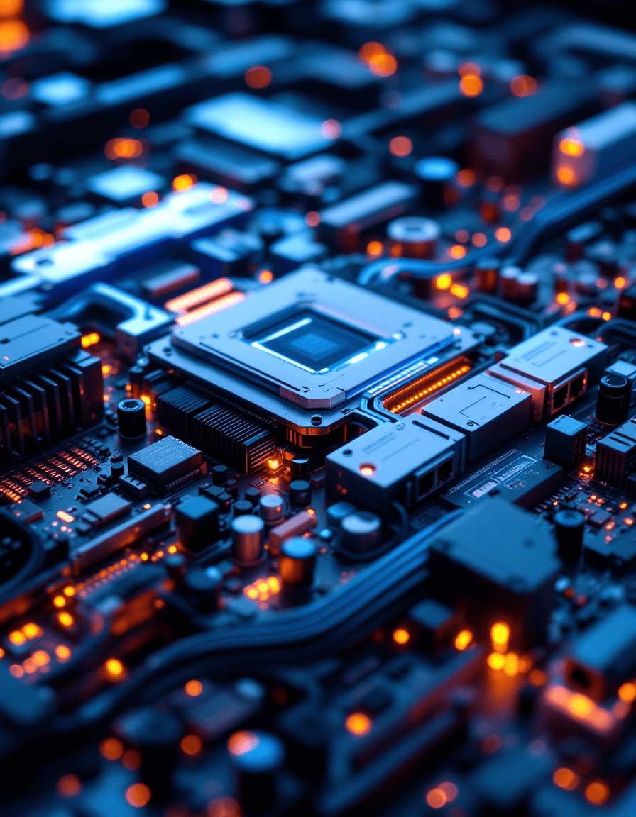 AI generated: A highly detailed, close-up view of an intricate network server system, showcasing a futuristic and ...