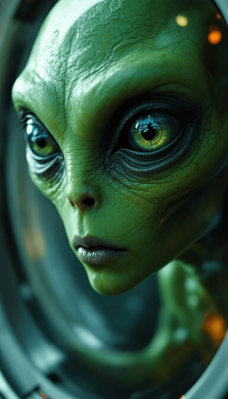 AI generated: Alien character macroview,ultradetailed skin in light green,a sad and pessimistic look from a UFO de...
