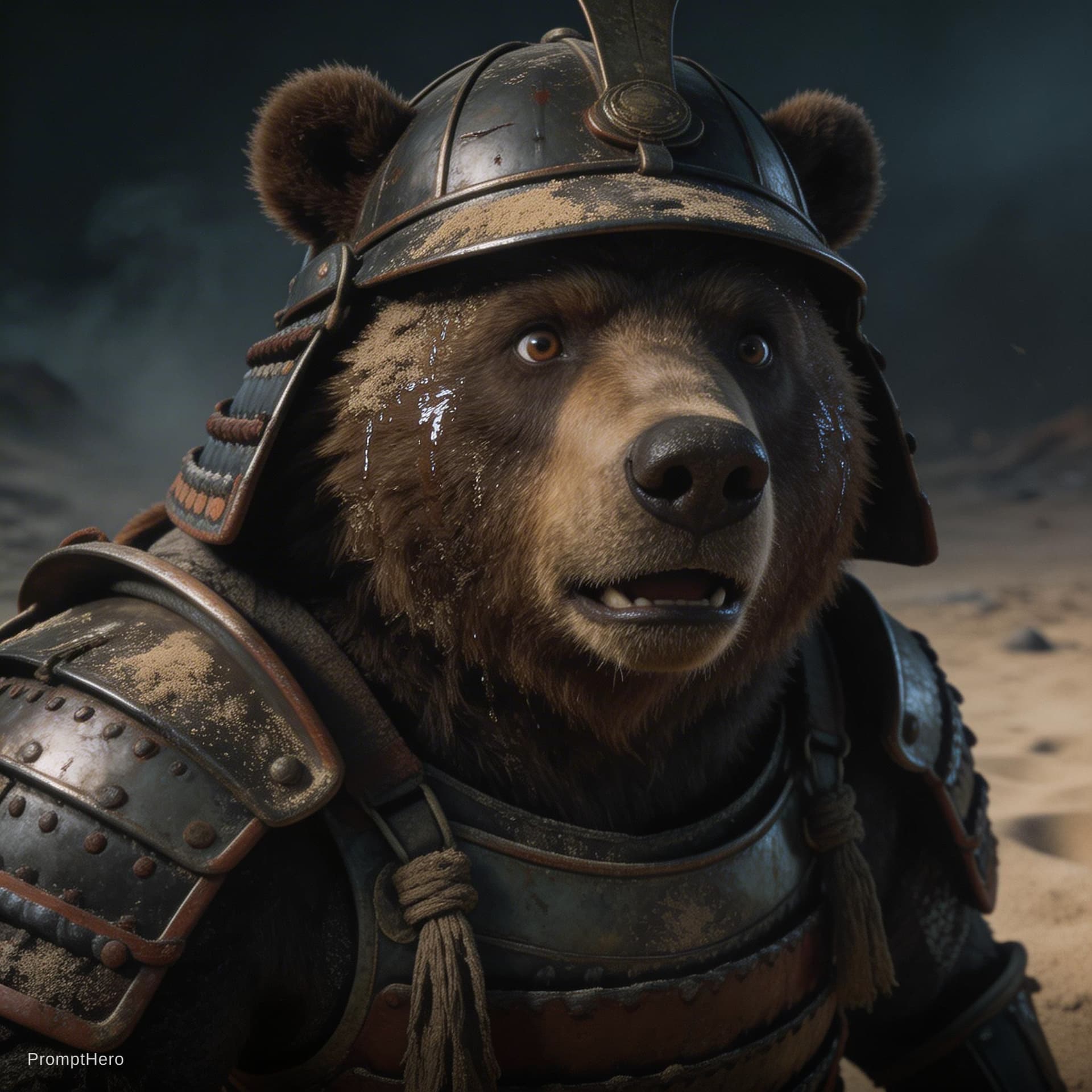 AI generated: BEAR Samurai looks at the enemy, stands after the battle, fear and horror on his face, tired and bea...