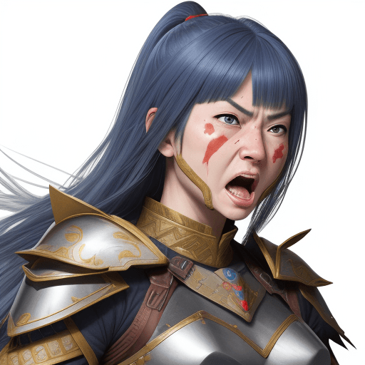 AI generated: female warrior, exaggerated facial expression --ar 68:128 --s 750 --niji 5