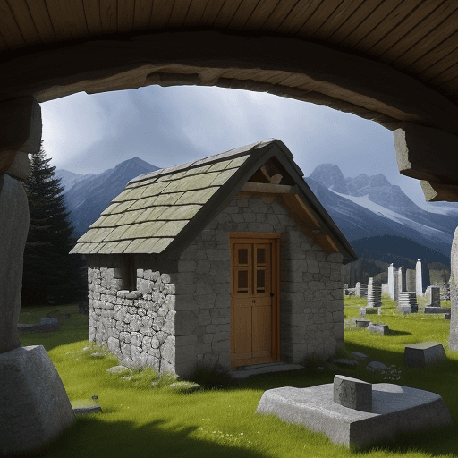 AI generated: a windowless stone hut with a wooden roof in a meadow near the alpine woods. inside the hut which ha...