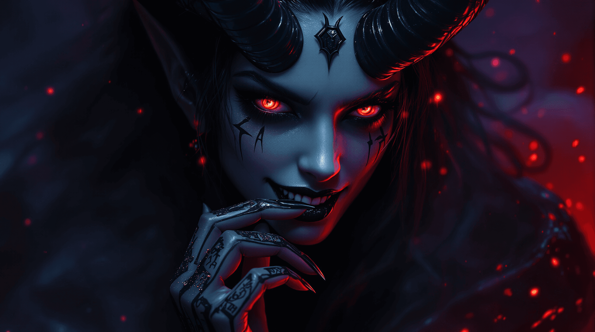 AI generated: A full-cace Coverart art of A seductive female demon queen in a dramatic close-up portrait, reminisc...
