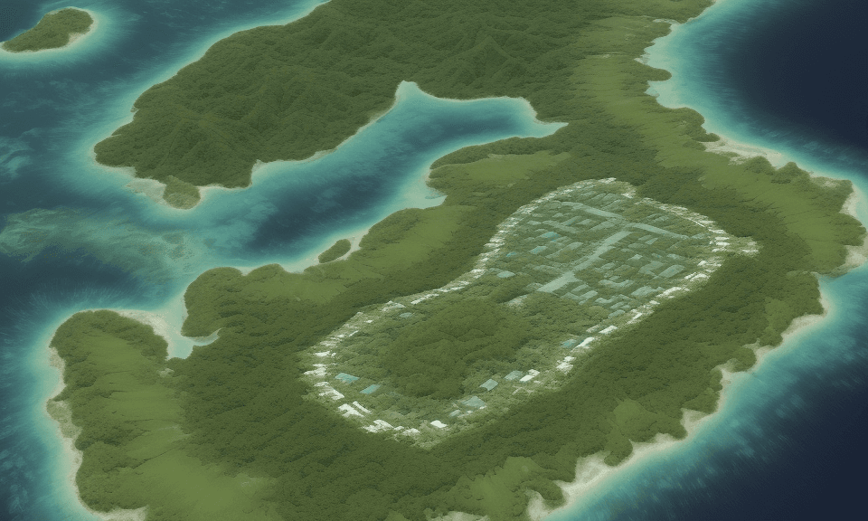 AI generated: satellite view of a dreamy desolate tropical island, green with vegetation. positive, happy, sunny, ...
