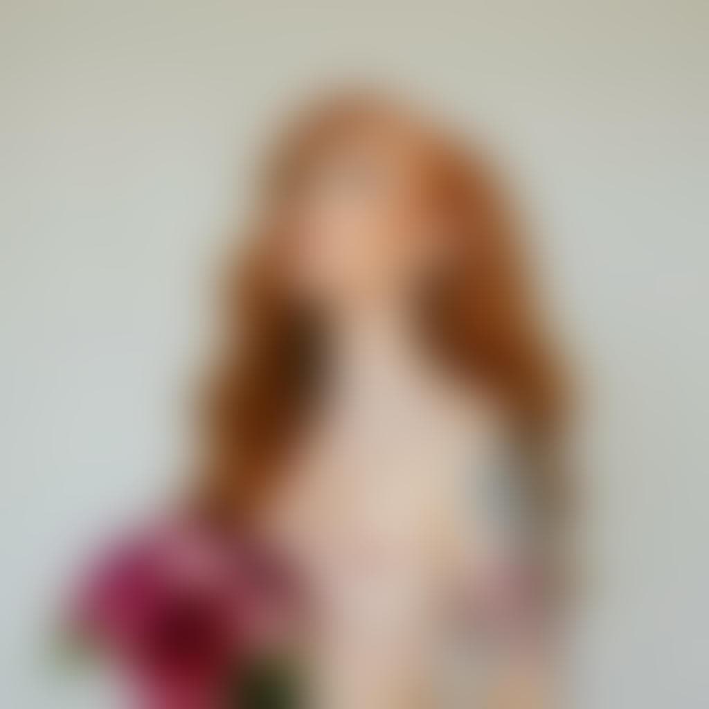 AI generated: Create an image of a female figure with vibrant auburn waves cascading to mid-chest length, styled w...