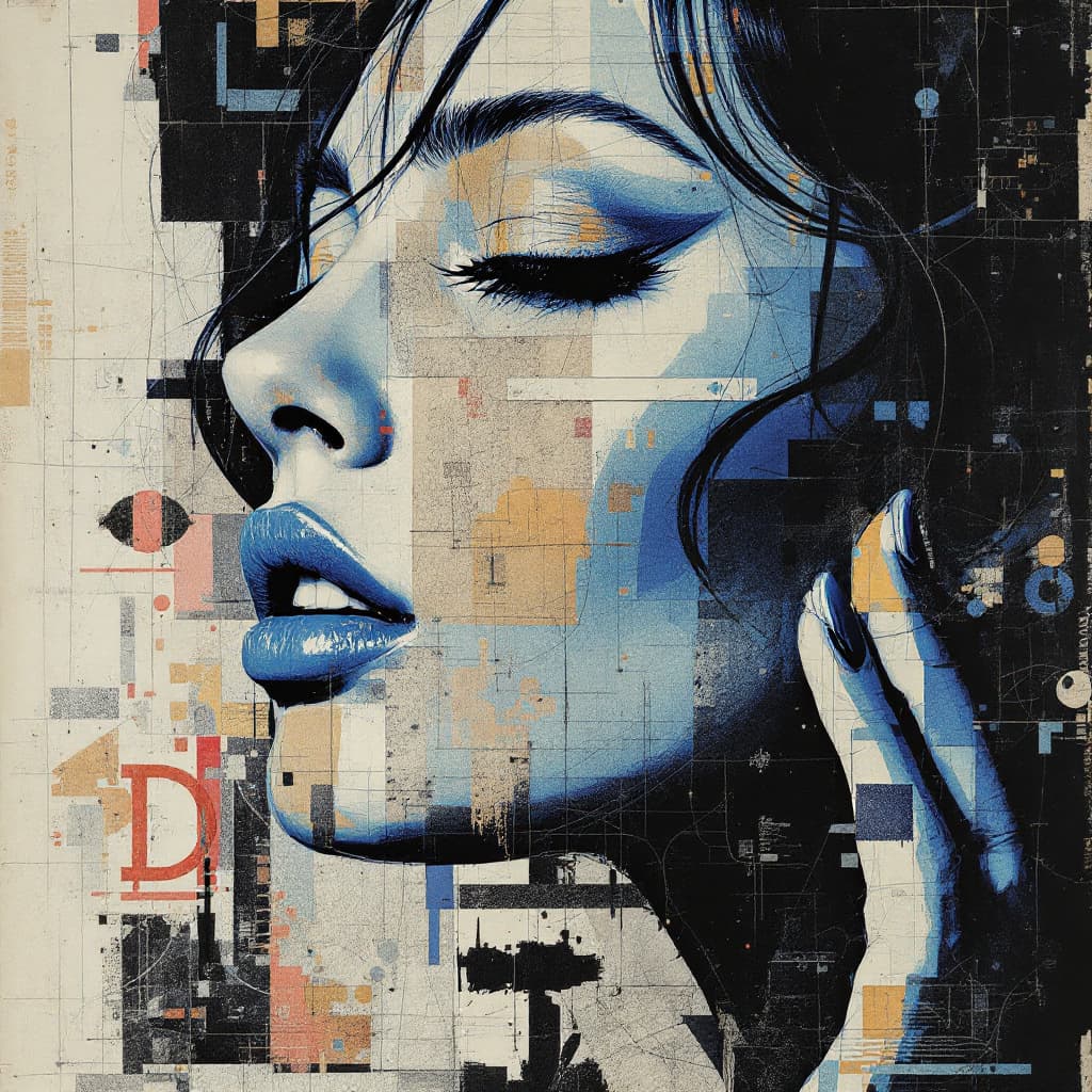 AI generated: print collage of a woman's face, in the style of josef kote, grunge beauty, dain yoon, cyan and blue...