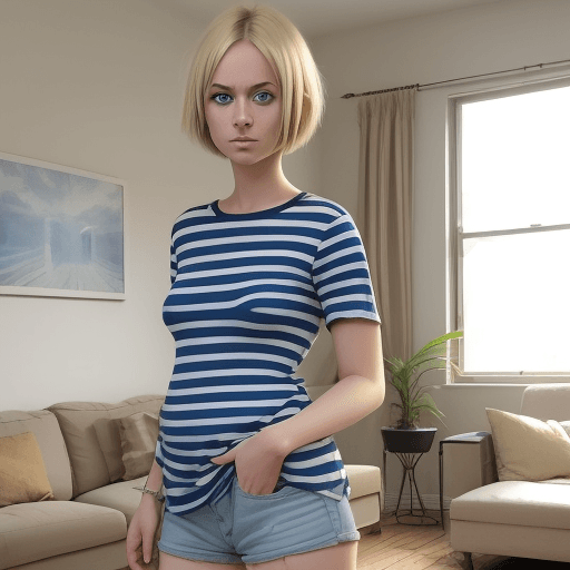 AI generated: A 25 year old girl, short hair, blonde, blue eyes. Wearing a striped shirt, without bra. Not naked. ...