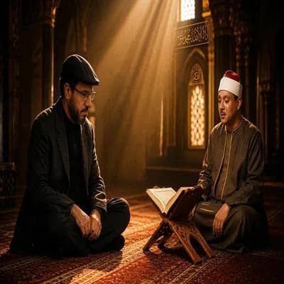 AI generated video: A cinematic spiritual mosque scene matching the original image exactly in architecture, carpet, warm...