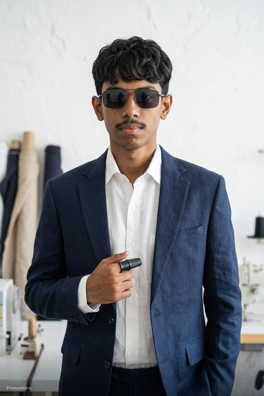 AI generated: Wear a lilen best outfit , remove the hoody, wear a regtengular  sunglass according to my face , sta...