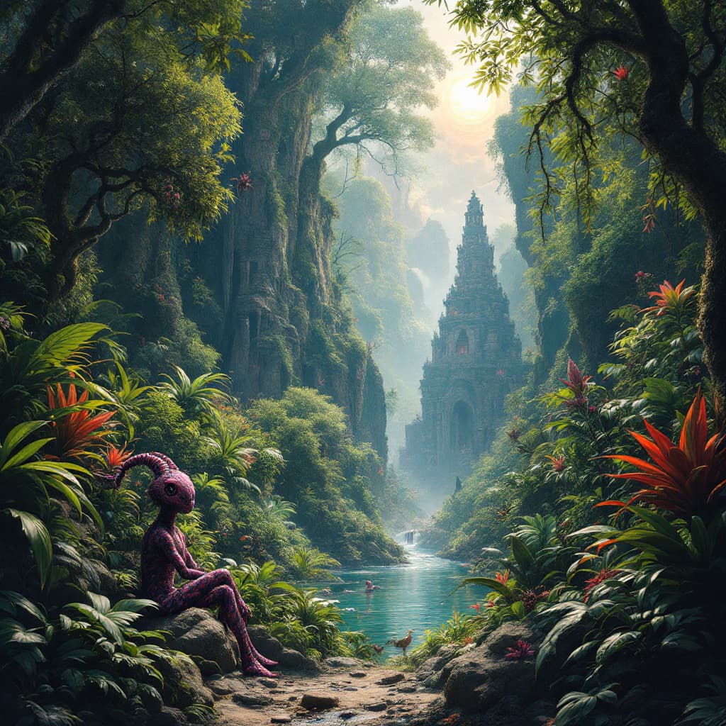 AI generated: A distant ancient land has been hidden in the jungle for centuries with strange plants and exotic an...