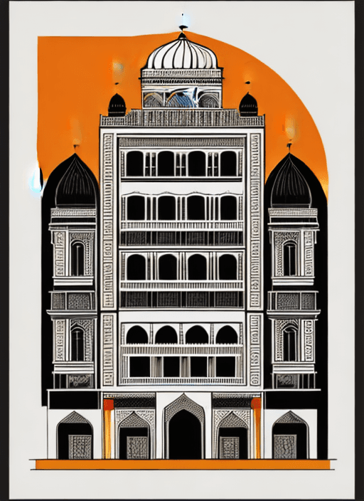 AI generated: vector drawing of an old Taj Hotel, mumbai, building in the style of Paul Rand, surrounded by buildi...