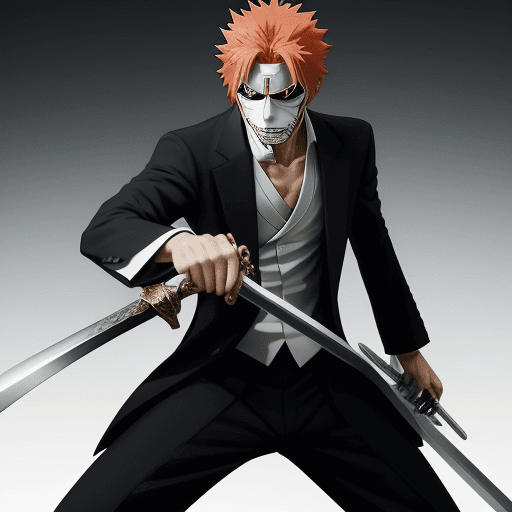 AI generated: Ichigo from bleach anime action with sword on hand and rip suit