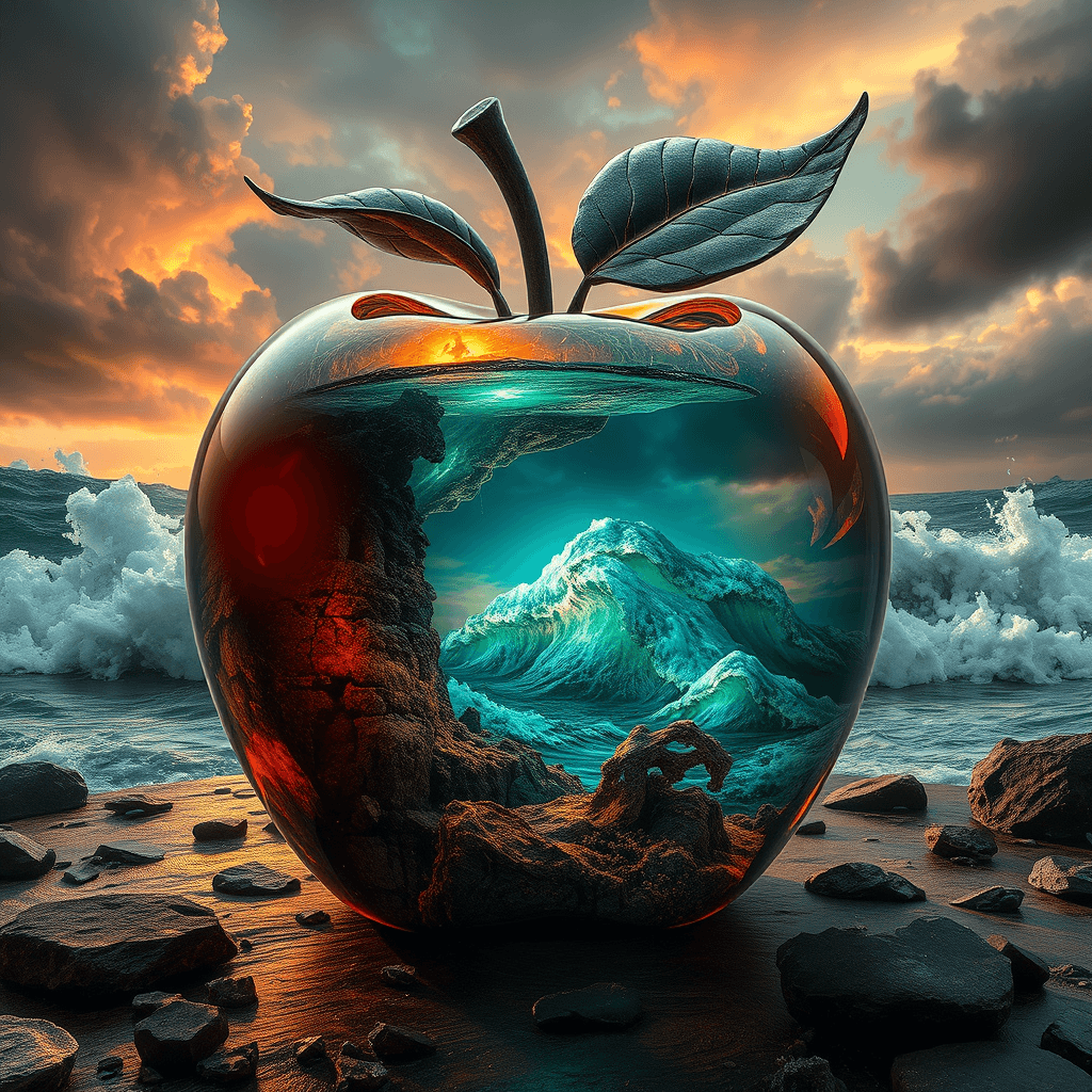 AI generated: High quality lovely double exposure image by blending together a stormy sea and a glass apple