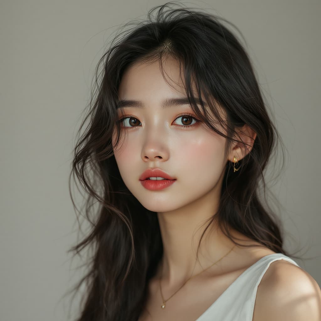 AI generated: portrait of a girl, asian appearance, head fully in frame, detailed skin, no makeup, hair removed, n...