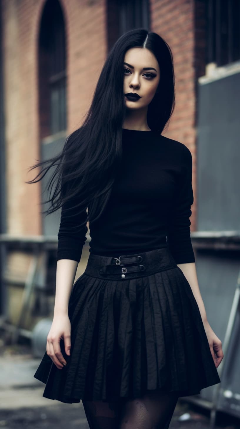 AI generated: A very pretty goth lady posing in a black top and black micro skirt, with long black hair, Fujifilm ...