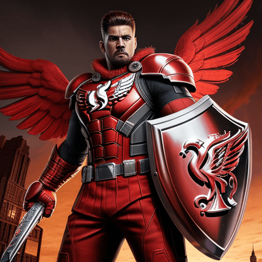 AI generated: a marvel style hero with big red wings and a shield with liverpool fc logo on it, with a marvelous b...