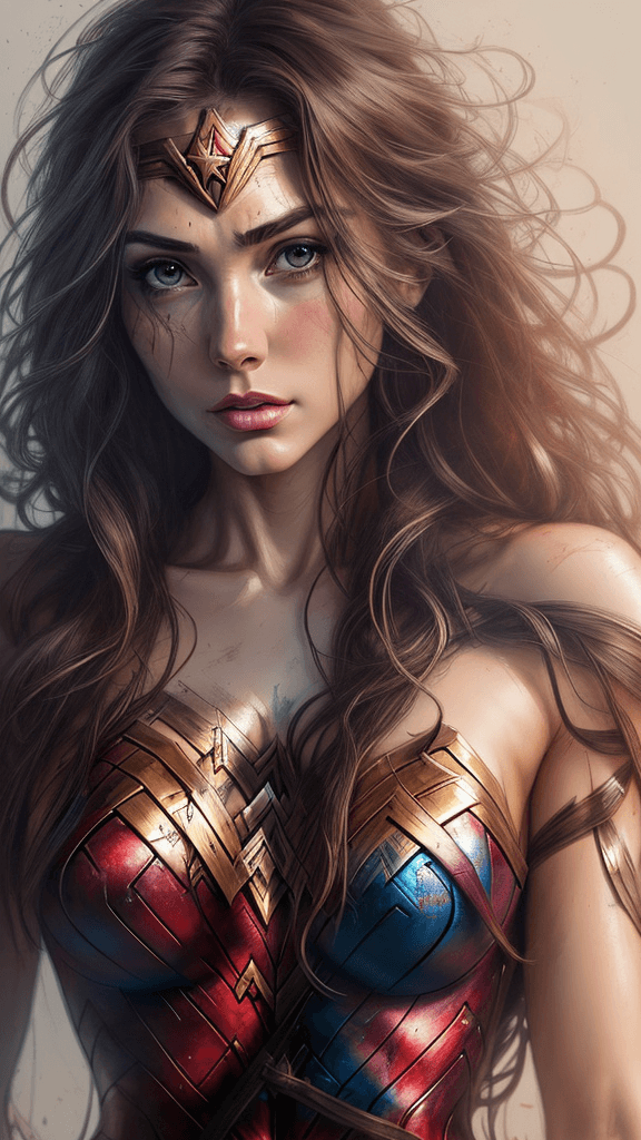 AI generated: Art by Carne Griffiths, Wonder Woman, perfect face, perfect body, Knitting clothes, perfect digital ...