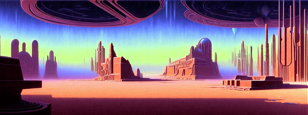AI generated: a 3d detailed painting inspired by moebius of a wet foggy futuristic desert town. inspired by techno...