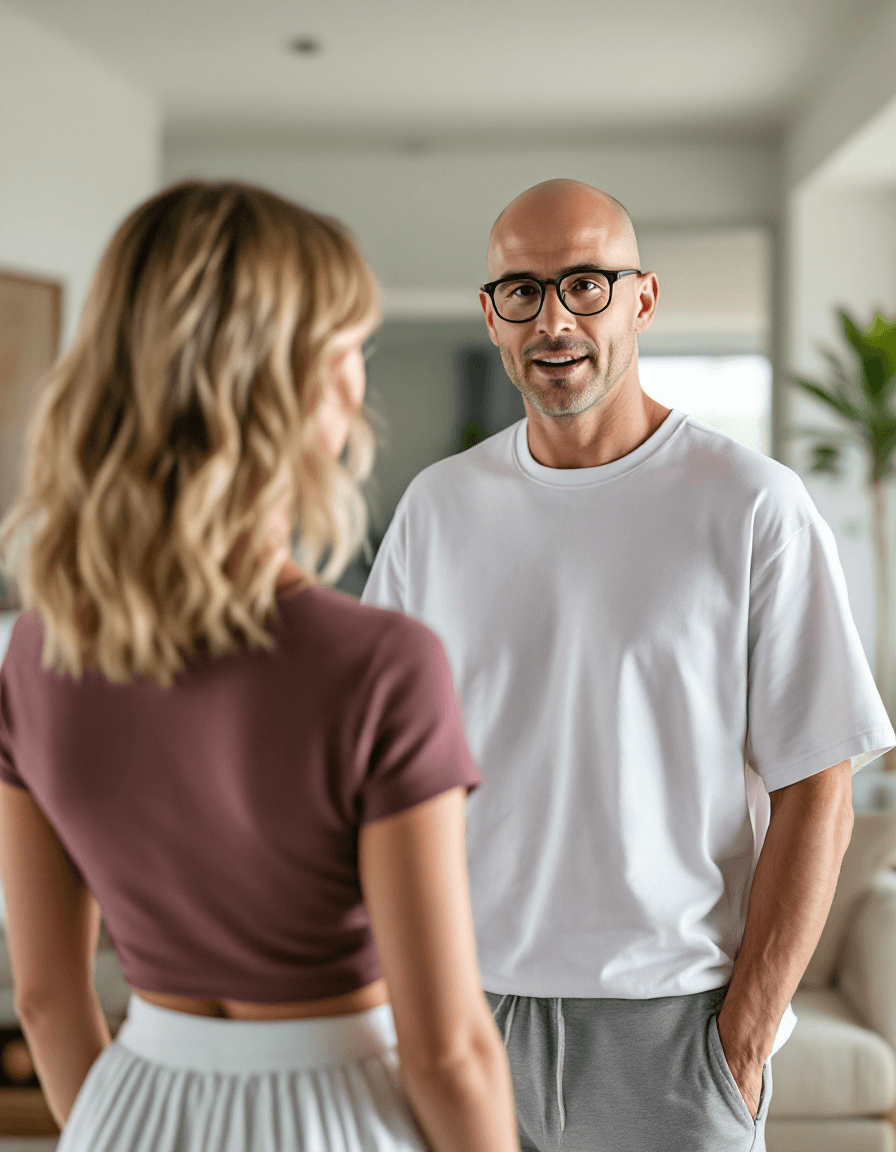 AI generated: Hyper-realistic image of a bald man, clean face, rounded rectangular-framed glasses with dark rims, ...