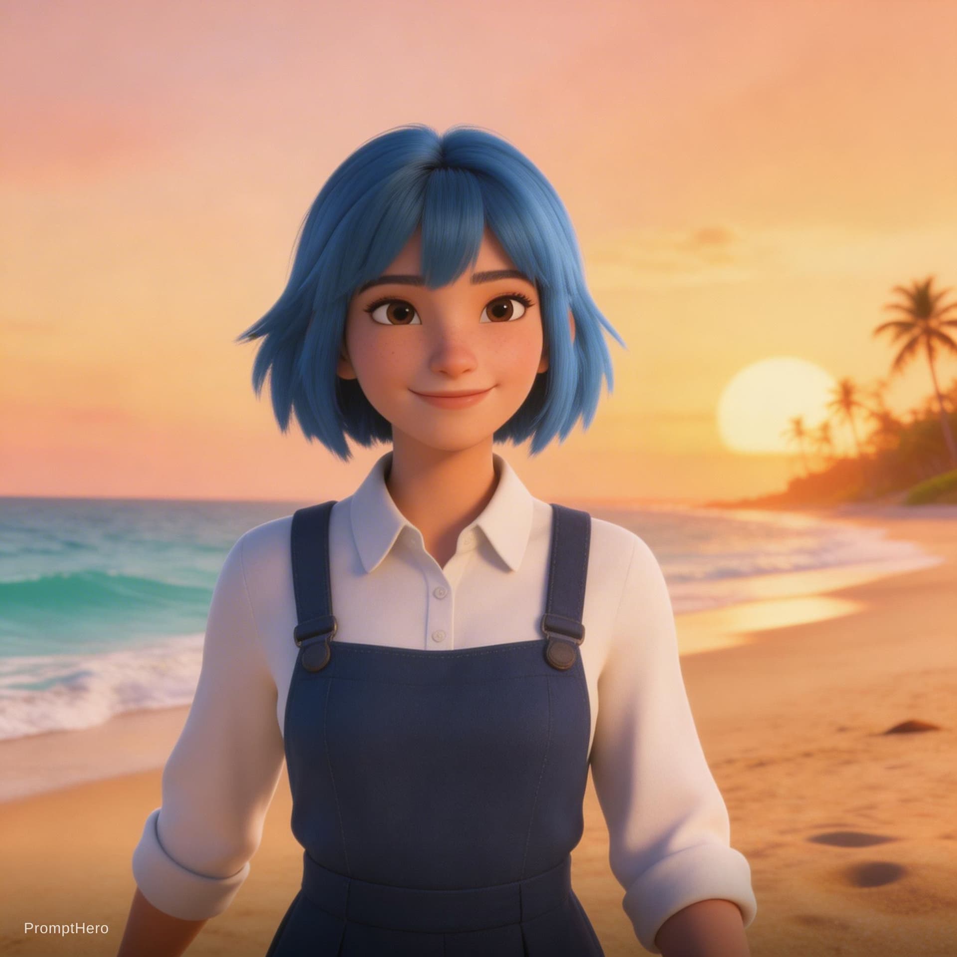 AI generated: Place the reference character walking along a tropical beach during sunset, gently smiling and looki...