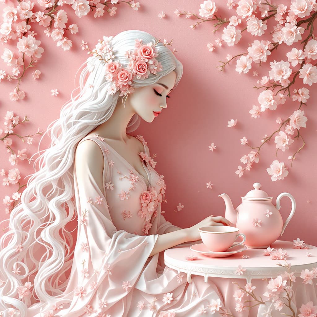 AI generated: A dreamy fantasy scene in the style of paper quilling and high relief art. A graceful woman with lon...