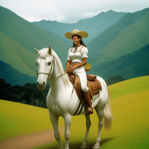 AI generated: Hombre rides on his white horse with his woman riding on her brown horse, Colombia, Colombian mounta...