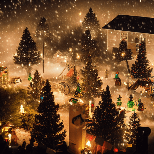 AI generated: Christmas village in the style of Gregory Crewdson, cinematic, spooky, night, foggy, Christmas color...