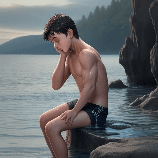 AI generated: 1. A boy is sitting in the water near the shore, slightly leaning back.
2. He is looking up, his tor...