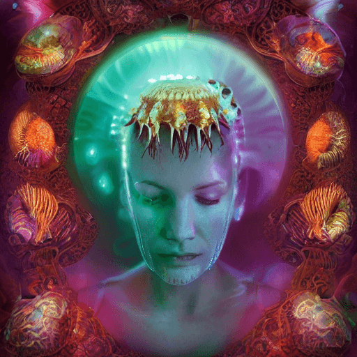AI generated: goddess close-up portrait ribcagel. jellyfish phoenix head, nautilus, orchid, skull, betta fish, bio...
