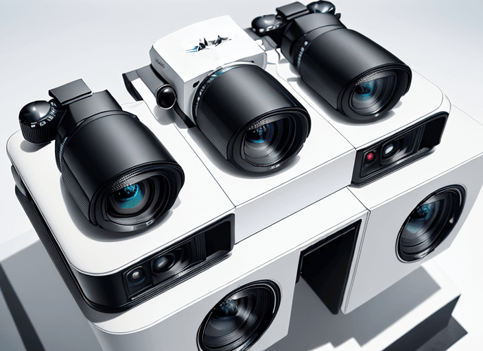 AI generated: Six slim cameras, on a glossy white surface, birds eye view, hyper realistic, highly detailed, 8K, m...