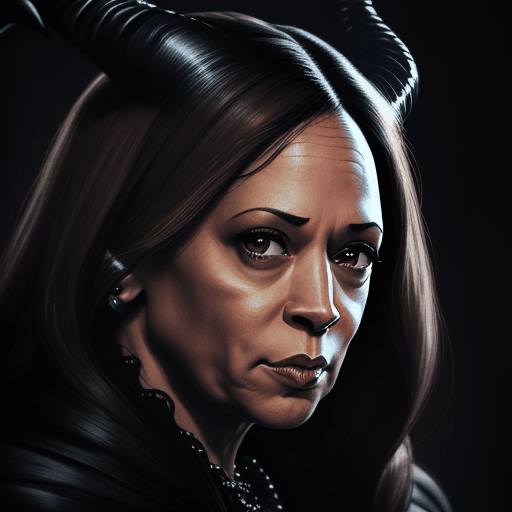 AI generated: A dark, detailed photorealistic drawing of Kamala Harris, styled to look like Maleficent.