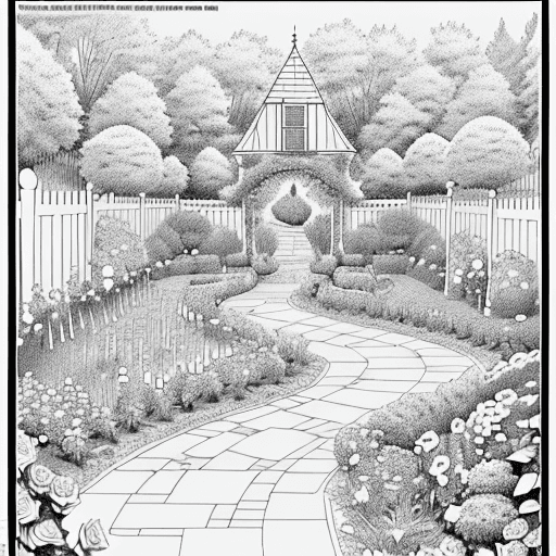 AI generated:  A Garden coloring page, A magical garden, a place where the beauty of roses was celebrated in all i...