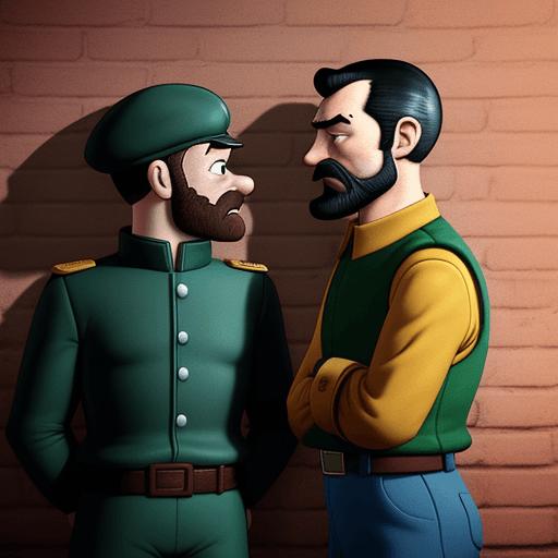 AI generated: Tintin and Captain Haddock. Realistic Photo.  The are stands against a textured brick wall, casting ...