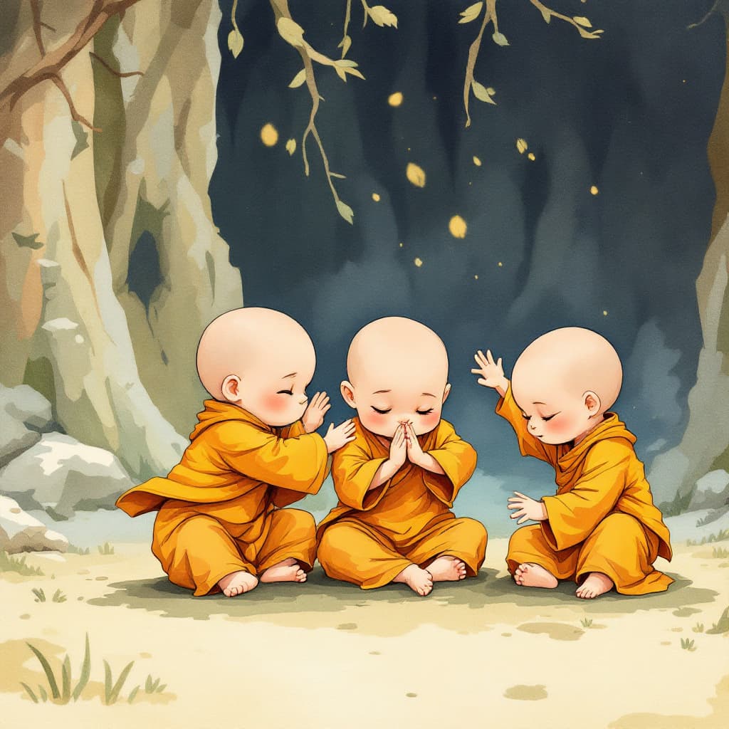 AI generated: 20 monks playing together, watercolor animation, little monks, cute and playful