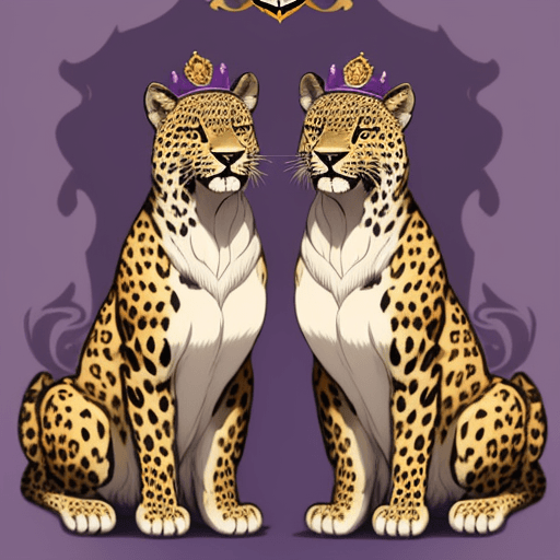AI generated: A family crest of, 2 leopards wearing a crown standing upright facing each other with a crest in the...