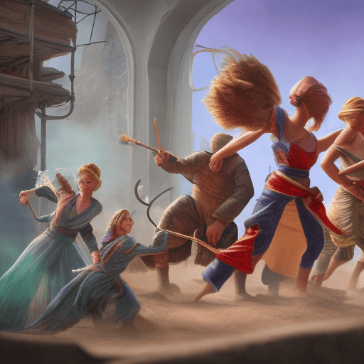 AI generated: dutch angle shot of a group with a wizard, a witch, a little fairy healing a camel and a karate girl...
