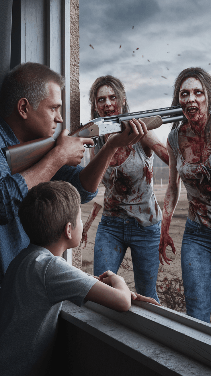 AI generated: A boy and his dad looking from a window at daylight and sees many walking womem zombies   . Their bo...