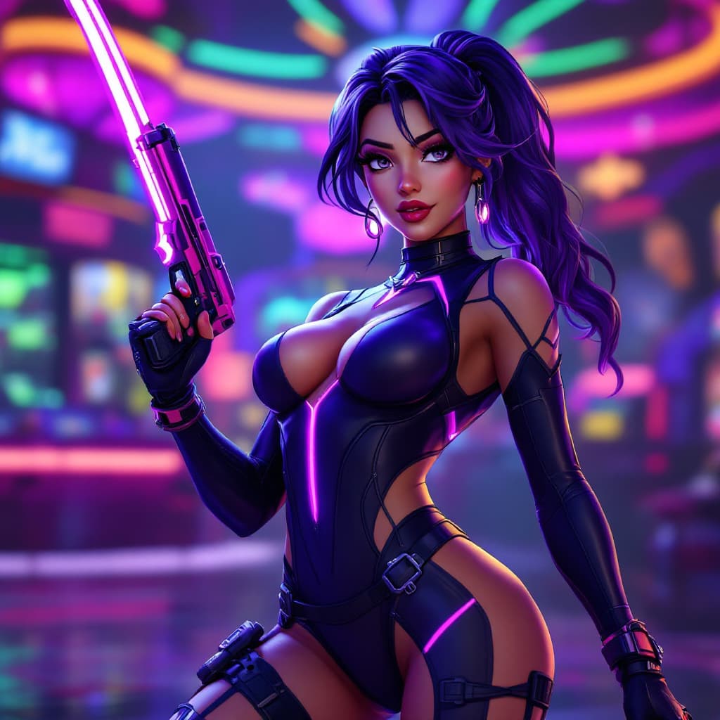 AI generated: Fortnite skin, fortnite battle royal, fortnite action scene, girl wearing body suite holding a purpl...