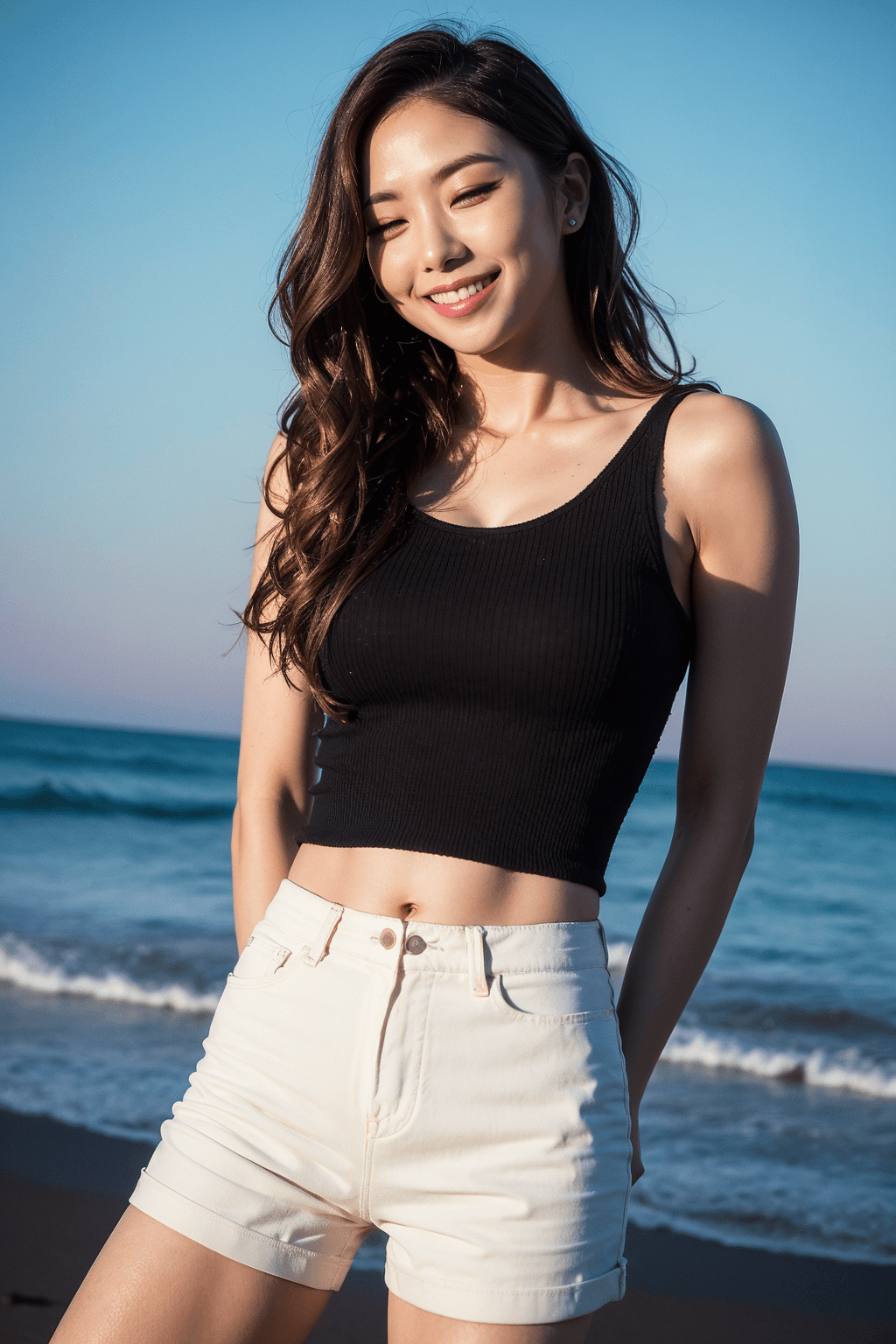 AI generated: photo of pretty young woman, (beautiful:1.2), (long wavy hair:1.62) (short pants:1.21), intricate el...
