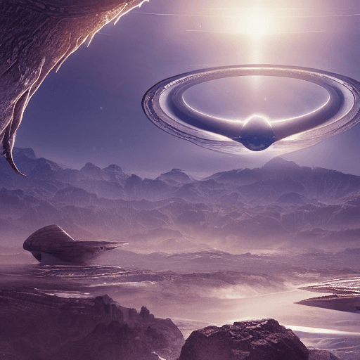 AI generated: beautiful sci-fi monolythes with alien runes in a plain near a river with a small spaceship flying a...