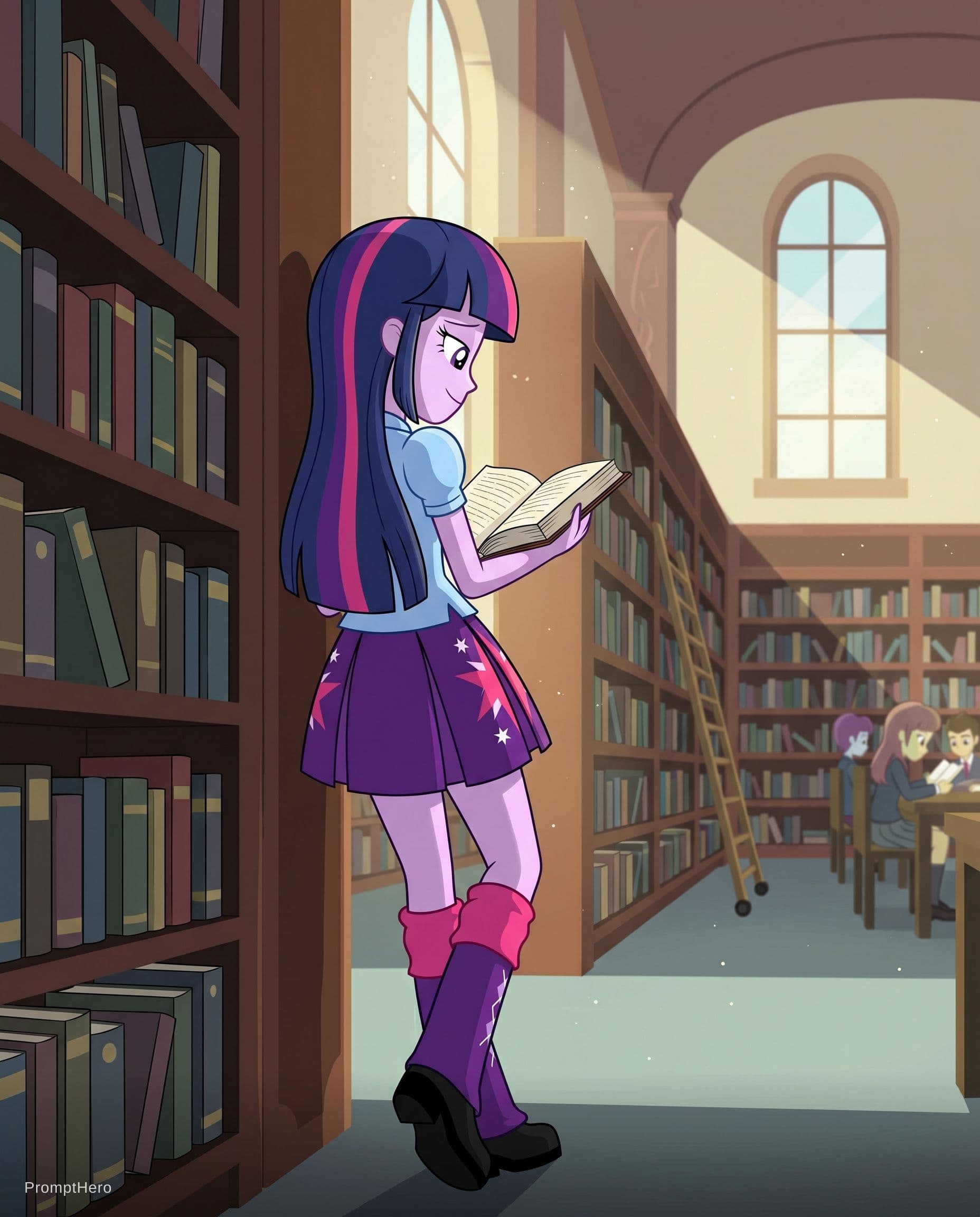 AI generated: Make the Twilight Sparkle character standing relaxed while holding a bookshelf filled with many book...
